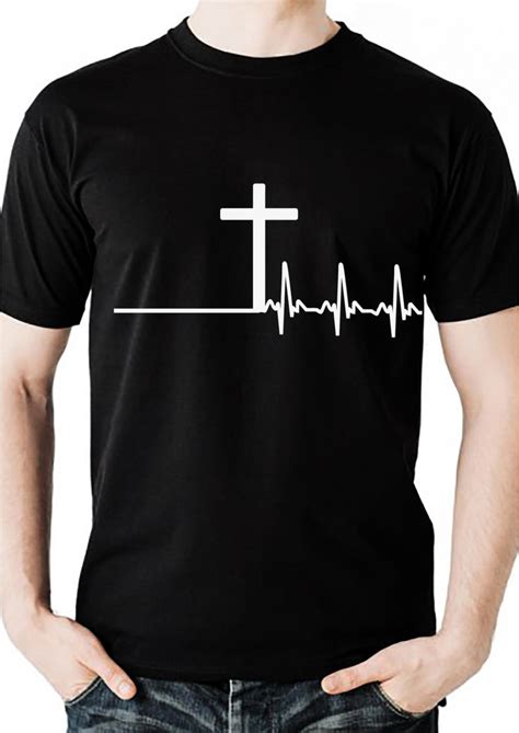 Mens Christian Tshirt With Cross Heartbeat Mens Clothing Black Tee