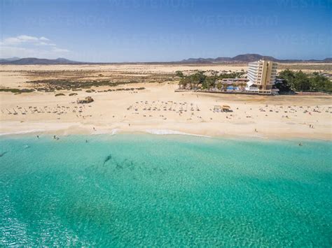 Aerial View Of Corralejos Big Beaches With Turquoise Sea In Fuerteventura Canary Islands