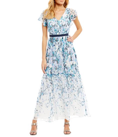 Adrianna Papell Chiffon Floral Cascade Printed Maxi Dress In Blue Lyst