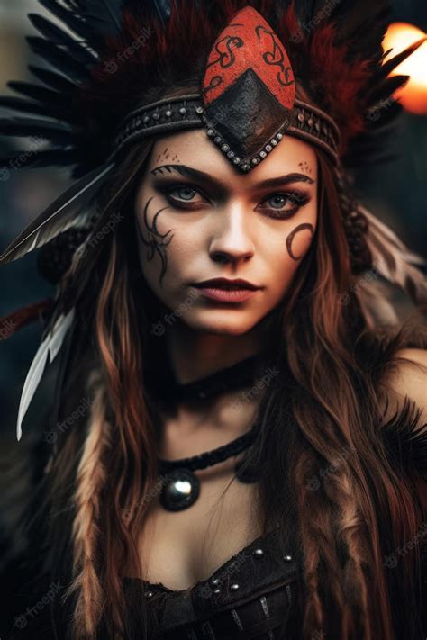 Premium Ai Image A Woman With A Native American Feather Headdress And A Headdress