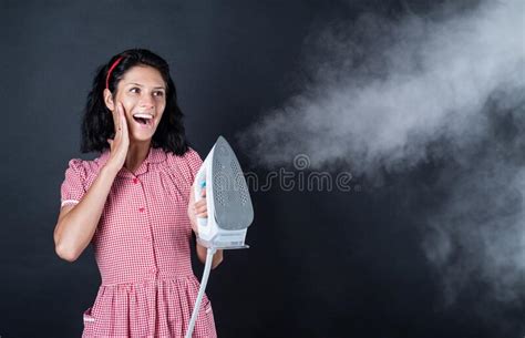 Housekeeping Pinup Girl Use Steaming Iron Home Appliance Housekeeper Woman Ironing Stock