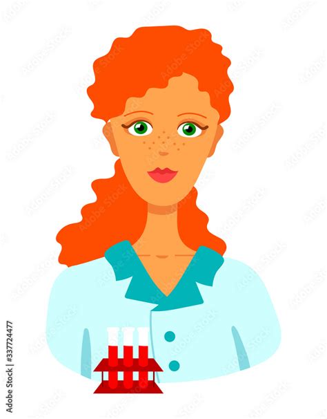 Woman Redhead Ginger Doctor With Wavy Hair And Freckles In A Blue Lab Coat Set Of Test Tubes