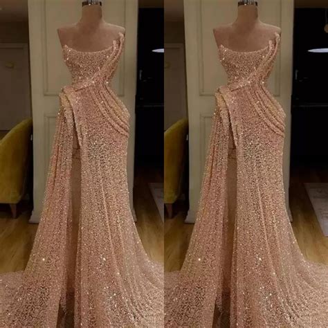 Gorgeous Strapless Sequins Prom Dress Long Evening Party Gowns With Slit
