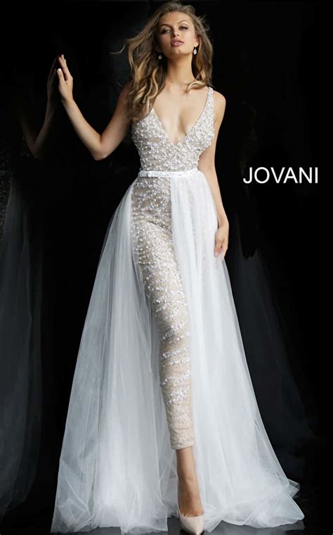 Jovani Nude White Plunging Neck Beaded Prom Jumpsuit