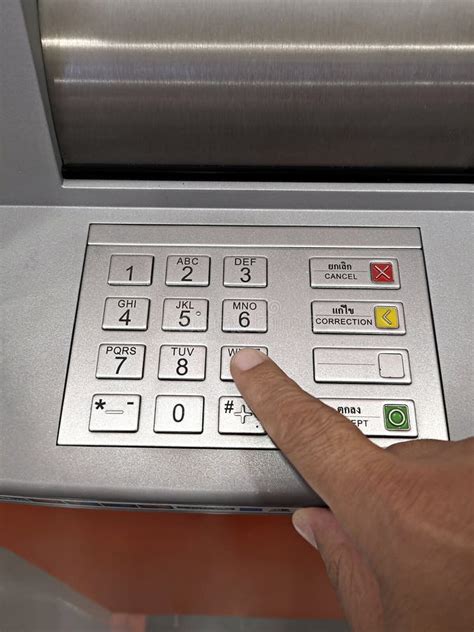 Close Up Of Hand Entering Pin Pass Code On Atm Bank Machine Keypad
