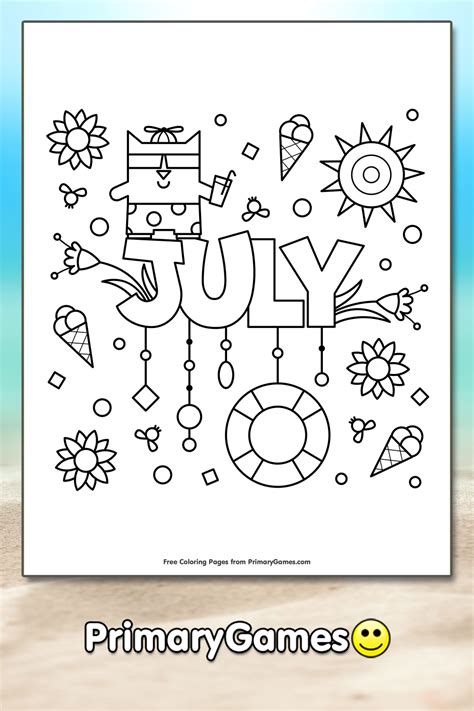 A Coloring Page With The Words July On It And An Image Of A Beach In