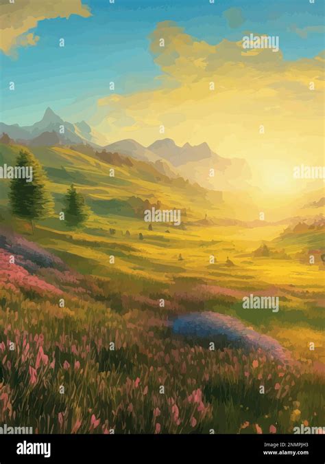 Mountain Landscape With Alpine Meadows Vector Illustration Vertical
