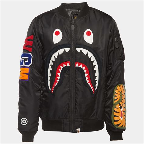 A Bathing Ape Black Shark Embroidered Zip Front Bomber Jacket L A