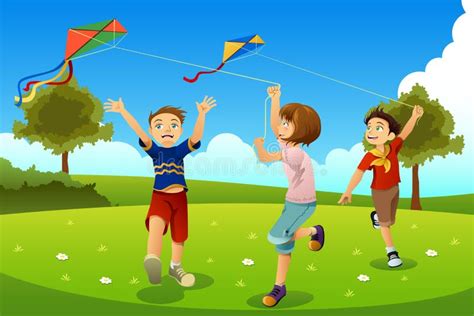 Kids Flying Kites In A Park Stock Vector Illustration Of Flying