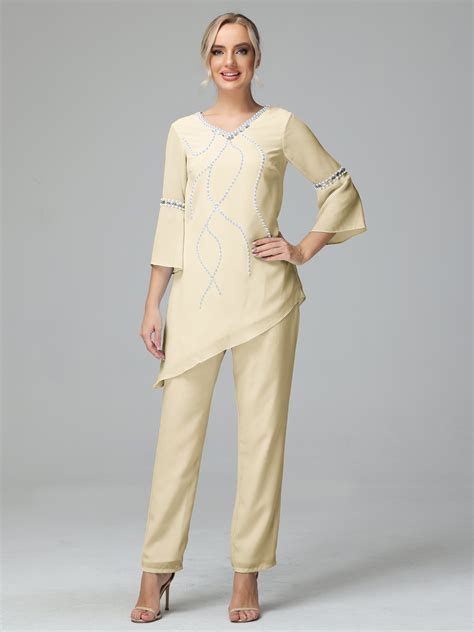 chiffon long sleeves v neck mother of the bride dress pants suits