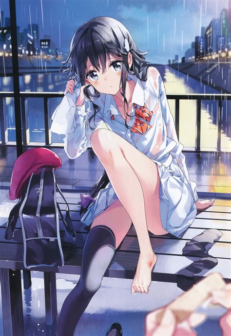 wallpaper long hair anime girls rain stockings see through clothing feet gray eyes wet