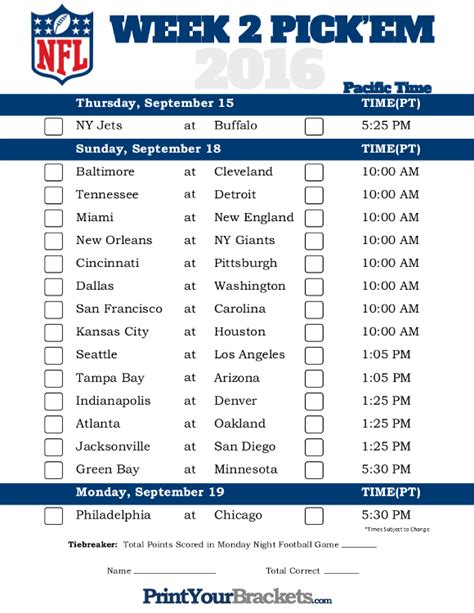 Weekly printable 2020 nfl schedule containing matchups, spreads, scores, and bye weeks. Pacific Time Week 2 NFL Schedule 2016 - Printable