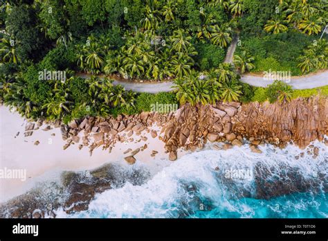 Seychelles Mahe Island Aerial Drone Landscape Of Coastline Road Along
