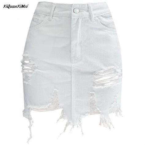 Summer White Denim Skirts Womens High Waist Short Skirt Woman Hole
