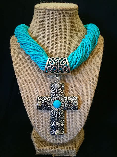 Turquoise Seed Bead And Cross Pendant Necklace Ale Accessories