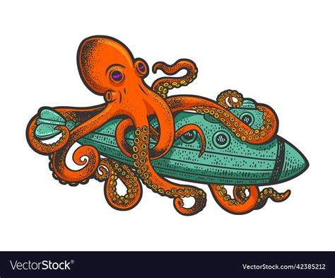 Octopus Attacked Submarine Color Sketch Royalty Free Vector