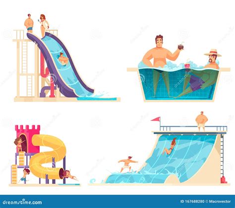 Aqua Park Cartoon Posters Kids Playing In Aquapark Vector Illustration