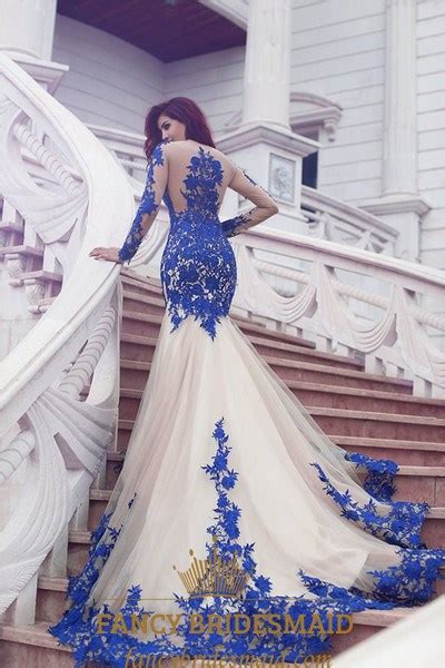 Royal Blue Sheer Lace Applique Long Sleeve Tulle Mermaid Prom Dress