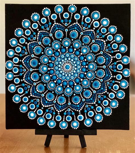 Lovely Intricate Dot Mandala On Canvas Board 8 X 8 In Shades Of Blue