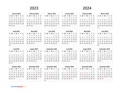 2023 2024 Printable Calendar With Holidays 2 Year Calendar Template