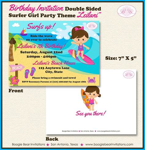 Surfer Girl Birthday Party Invitation Beach Pink 1st 4th 5th 6th 7th 8th Boogie Bear Invitations