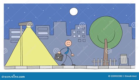Stickman Businessman Character Walking On The Street At Night Vector