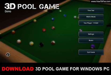 Play matches to increase your ranking and get access to more exclusive match locations clicking the download button will begin the download of the software appkiwi which allows you to download this app and play it on your pc. Download 3D Pool Game for Windows PC (10, 8.1, 8, 7, Vista ...