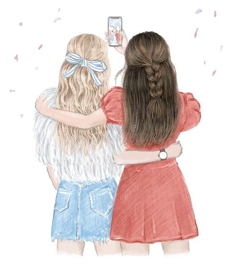 Best Friends Forever Two Girls Having Fun Making Selfie Hand Drawn Illustration Vec