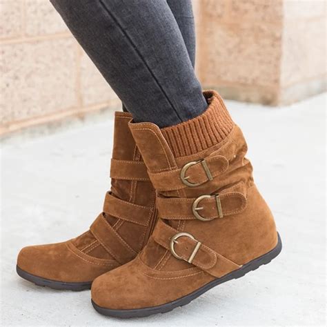 cosidram women warm faux suede ankle snow boots female comfortable buckle strap flat boots