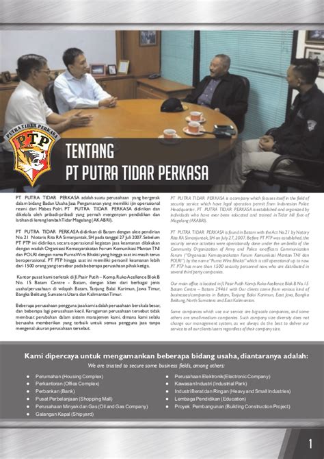 Sedangkan untuk pendaftaran anda dapat datang langsung ke pt damarindo mandiri untuk mengisi formulir pendaftaran. Company Profile PT. Putra Tidar Perkasa - Jasa Pengamanan ...