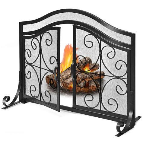 Gymax Fireplace Screen With Hinged Magnetic Two Doors Flat Guard