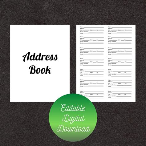 Address Book Template Plain Printable Editable Digital Download