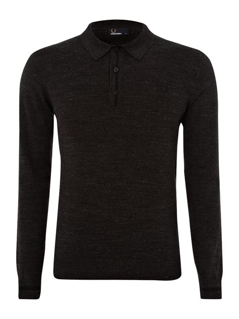Fred Perry Long Sleeved Knitted Polo Shirt In Black For Men Graphite