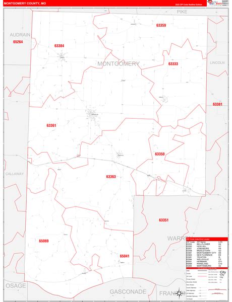 Montgomery County Mo Zip Code Wall Map Red Line Style By Marketmaps