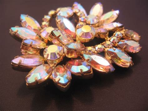 Vintage Large Pink Yellow Aurora Rhinestone Pin Brooch From