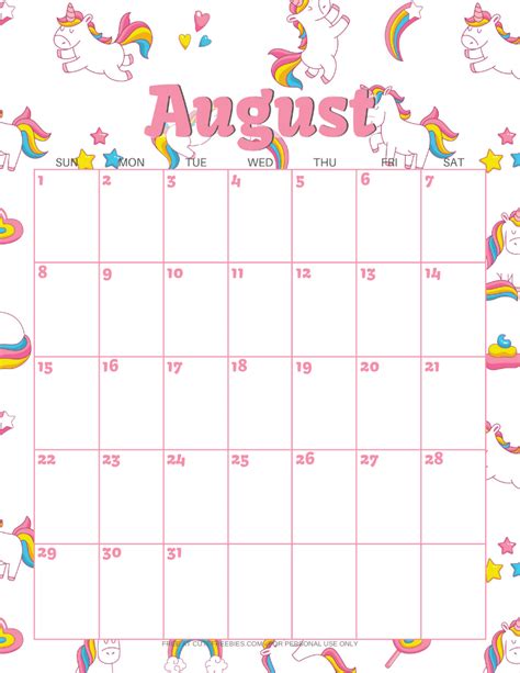 August 2021 Calendar Printable Unicorns Cute Freebies For You