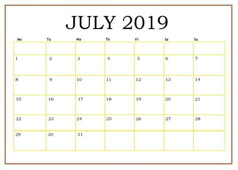 Free Printable July 2019 Blank Calendar Monthly Calendar Template