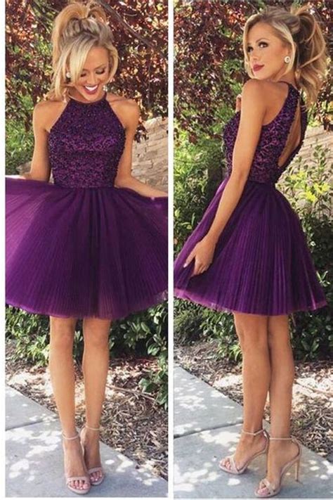 Pretty Purple Short Beading Tulle Homecoming Dresseshalter Sleeveless