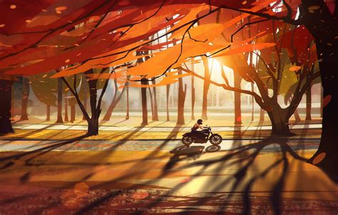Wallpaper Road Autumn Forest Leaves Girl Trees Motorcycle Bike