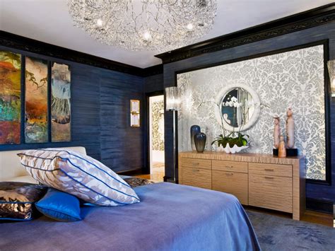 Blue Eclectic Bedroom With Silver Damask Accent Wall Hgtv
