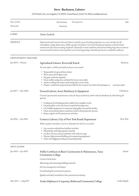 Sample Resume For General Labour Teanagasawaa