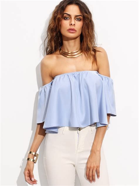 Blue Off The Shoulder Bell Sleeve Crop Top Emmacloth Women Fast Fashion Online