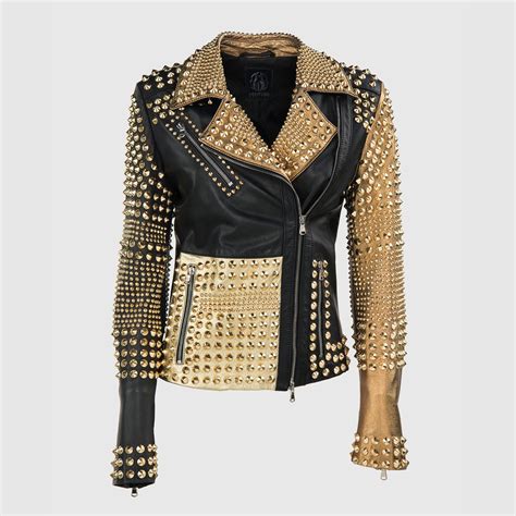 New Womens Philip Plain Multi Color Full Golden Studded Leather Jacket