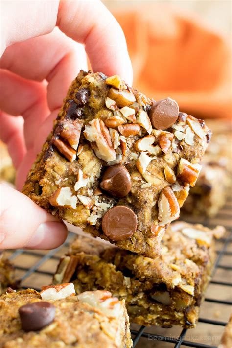 Add all of your ingredients (oats, cinnamon, bananas, oil, plain greek yogurt, vanilla extract, and chocolate chips) to a large bowl and mix thoroughly to combine until it makes one. Gluten Free Pumpkin Chocolate Chip Oatmeal Breakfast Bars ...