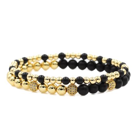 Mens Black And Gold Beaded Bracelets With Matte Onyx