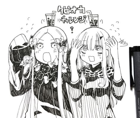 safebooru 2girls abigail williams fate grand order arms up bangs bendy straw bow bubble