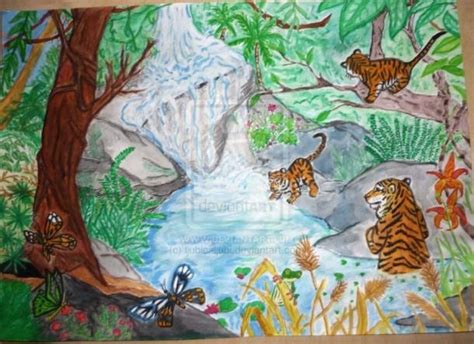 A Drawing Of Tigers In The Jungle With Water And Butterflies On Its Side