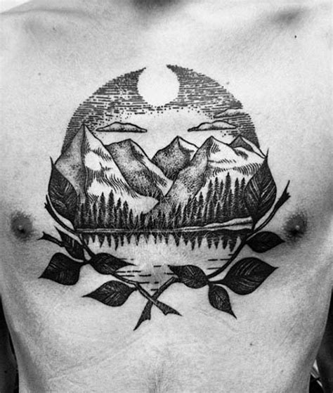 Simple Black Ink Mountain Lake Tattoo On Chest Tattooimagesbiz
