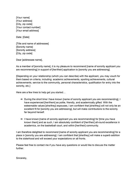 Sorority Recommendation Letter Template Free To Use