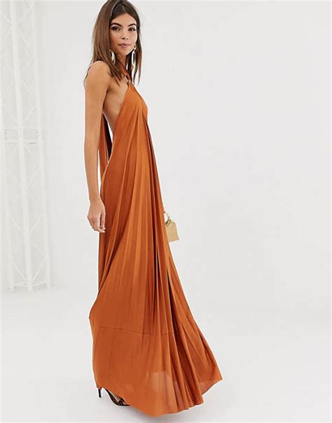 Asos Design Halter Trapeze Pleated Maxi Dress With Ring Detail Asos